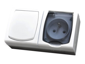 MADERA Wyłącznik pojedynczy+Gniazdo pojedyncze z uziemieniem natynkowe IP44 z klapką biały ZH-NŁ1G/00/d OSPEL