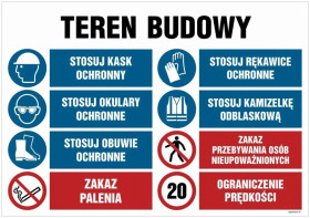 ZNAK - OI018 Teren budowy, Stosuj kask ochronny, Stosuj rękawice ochronne, Stosuj okulary ochronne, Stosuj kamize 100 x 75 cm FN