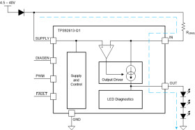 Automotive single-channel LED driver with 600mA output, open and short detection