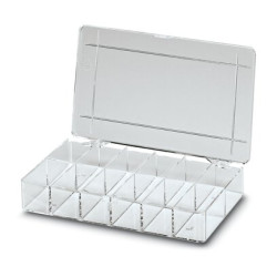 Skrzynka z przegródkami l. przedziałów: 12 szerokość: 210mm wysokość: 36mm głębokość: 105mm Polistyren Przezroczysty