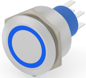 Vandal-proof pushbutton, 2 pole, silver, illuminated  (blue), 3 A/250 VAC, mounting Ø 25.2 mm, IP67, 2-2317656-9
