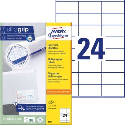 Avery-Zweckform 3475 Etykieta uniwersalna 70 x 36 mm Papier biały 2400 szt. Trwały Drukarka atramentowa, Drukarka Lasero