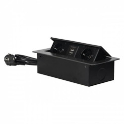 Gniazdo meblowe wpuszczane w blat z płaskim frezowanym rantem, ładowarką USB i przewodem 1,5m, 2x2P+Z (Schuko), 2xUSB (typ A, 2,