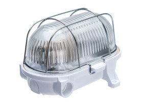 Oprawa kanałowa OVAL-7040B, E27, 60W, biała-bakelit, klosz przeźroczysty-szkło, IP54, siatka metalowa A1160