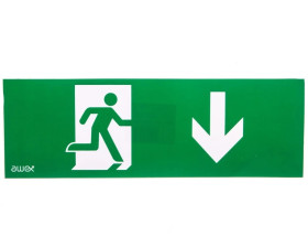 Piktogram PM27 100x300 człowiek w drzwiach strzałka dół logo awex (ISO7010)