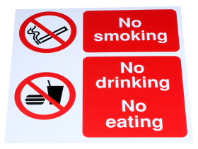 Znak zakazu PP Biały Zakaz palenia, jedzenia i picia, No smoking - No drinking - No eating, Angielski Nie Znak