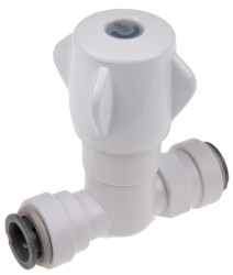 Zawór odcinający, Acetal, 1: Dopasowanie na wcisk żeńskie 15 mm - 15mm, 2: Dopasowanie na wcisk żeńskie 15 mm - 15mm,