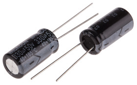 Kondensator 330μF 50V dc Radialny, Otwór przelotowy RS PRO roztaw: 5mm 10 (Dia.) x 20mm