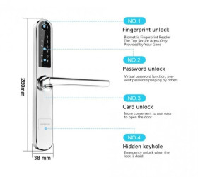 Elektroniczny zamek do drzwi SmartLock RCF SLIM sz=38mm (13,56Mhz Mifare, kod PIN, odcisk palca, Bluetooth)