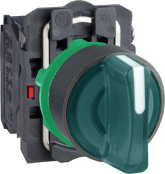 Toggle switch, illuminable, latching, 1 Form A (N/O) + 1 Form B (N/C), waistband round, green, front ring black, 3 x 45°, mounti