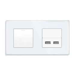 Włącznik światła + moduł ładowarki USB (2 gniazda USB 2,4A) z ramką szklaną podwójną - biały - Tawoia Glass