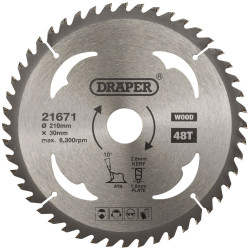 Draper 21671 TCT Circular Saw Blade for Wood, 210 x 30mm, 48T