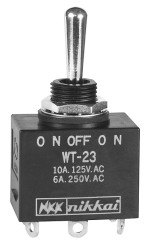 Przełącznik Wł.-wył.-wł. średnica wycięcia 12.5mm DPDT NKK Switches Montaż panelowy długość przełącznika 17.5mm