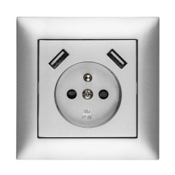 Sentia Gniazdo pojedyncze z/u 16A z USB 2x2,1A 5VDC z przesłonami i ramką srebrne GPT 2P+Z 2xUSB 1488-06