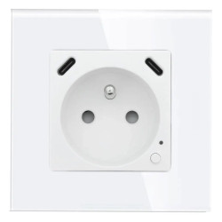 Gniazdko pojedyncze z bolcem, 2x USB-C 20W - watomierz - ZigBee - szklana ramka - biały - Tawoia Glass