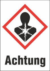 Hazardous goods sign, symbol: GHS08/text: &quot;Achtung&quot;, (W) 26 mm, plastic, 013.32-9-37X26-W1 / 36 ST