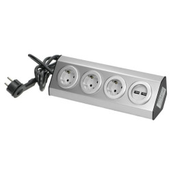 Gniazdo meblowe, kuchenne z ładowarką USB, montowane na rzepy z przewodem 1,5m - 3x2P+Z schuko, 2xUSB, INOX z przewodem,FS-4(GS)