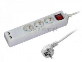 Przedłużacz 3GN 3m + 0+ przełącznik biały+ 2x USB