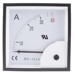 Amperomierz analogowy panelowy AC zakres 0 → 60A wysokość wycięcia: 92mm wartość 30A ±1,5% +50°C RS PRO