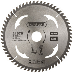 Draper 21676 TCT Circular Saw Blade for Wood, 210 x 30mm, 60T