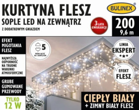 Kurtyna świetlna zewnętrzna flesz 200l kurtyna sople z dod.gn. 9,6m dekoracji+1,5 m przew. ciepły biały/biały flesh 25-698