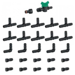 Zestaw akcesoriów do linii kroplującej 16mm (przyłącze, zawór, trójniki, kolanka, zaślepki) 27 elementów BRADAS
