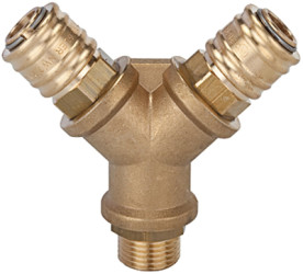 Distributor, with 2 quick-release couplings, L 90 mm, 35 bar, brass, for plastics processing, food, pharmaceutical or electronic