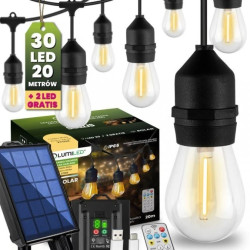 Girlanda Solarna Ogrodowa 30x LED Ozdobne Żarówki 20m + PILOT IP65 2700K Ciepła SOLLIS LUMILED