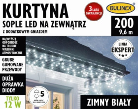 Kurtyna świetlna zewnętrzna 200l kurtyna sople z dod.gniazdem 9,6m dekoracji+1,5m przew.zas. biały/ czarny przewód 25-662