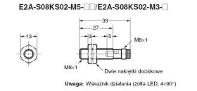 E2A-S08KS02-M5-C1, Czujnik indukcyjny, M8x1, NPN/NO, sr=2mm złącze M8x1, dł. obudowy 39mm, czoło zakryte, obudowa ze stali szlac