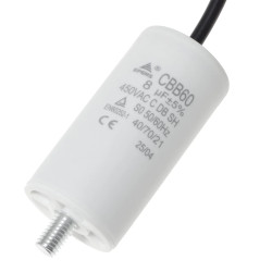Kondensator rozruchowy do silnika 8uF 450VAC, przewody 15cm, 35x65mm