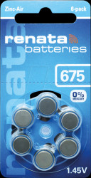 675 Hearing aid battery, zinc-air, 11.6 x 5.4 mm, Aid 675, pack of 6