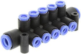 Rozdzielacz pneumatyczny liczba wylotów 10 wylotowe Wciskane 6 mm PBT wlotowe Wciskane 10 mm liczba wylotów 1 1 MPa