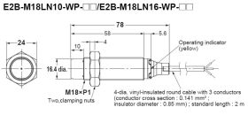 E2B-M18LN16-WP-B1 2M Czujnik indukcyjny, M18x1, PNP/NO, sr=16mm, przewód o dł. 2m, dł. obudowy 78mm, czoło odkryte, OMRON, E2BM1