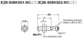 E2B-S08KS02-MC-B1, Czujnik indukcyjny, M8x1, PNP/NO, sr=2mm złącze M8x1, dł. obudowy 44(27)mm, czoło zakryte, obudowa ze stali s