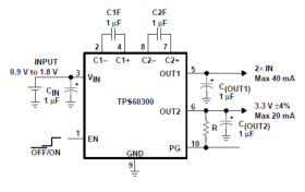 Single cell to 3.0V, 20mA dual output, high efficiency charge pump with Push-Pull power-good output