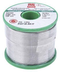 Lut bez ołowiu średnica 1.27mm RS PRO 0% Pb temp. topnienia 217°C 500g 0.5% Cu 96.5% Zn 3% Ag