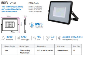 Projektor LED 50W VT-50 reflektor naświetlacz lampa 4000lm SAMSUNG