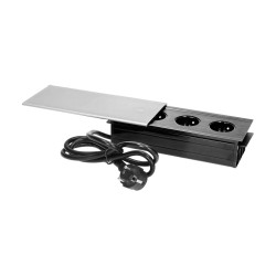 Gniazdo meblowe wpuszczane w blat 3x2P+Z z przesuwną pokrywką i przewodem 1.5m. 3x1.5mm2. czarno-srebrne OR-GM-9008/B-G