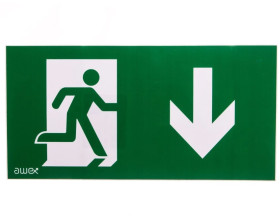 Piktogram PS27 125x250 człowiek w drzwiach strzałka dół logo awex (ISO7010)