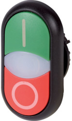 Double pushbutton, illuminable, groping, waistband oval, green/red, front ring silver gray, mounting Ø 22.5 mm, 216701