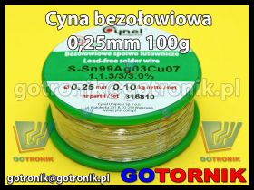 Cyna bezołowiowa z topnikiem 0,25mm/100g Sn99Cu0,7Ag0,3 Pb Free CYNEL 0,25mm