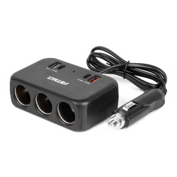 Rozgałęziacz gniazda zapalniczki z ładowarką 1x USB A 1x USB C QC 4.0 12/24V 120W szybkie ładowanie, kabel 80cm, AMIO-04365