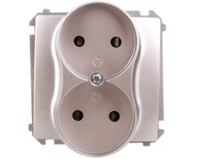 Simon Basic Gniazdo wtyczkowe podwójne bez uziemienia z przesłonami torów 16A 250V srebrny mat BMG2Mz.01/43