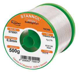Lut bez ołowiu średnica 0.5mm Stannol 0% Pb temp. topnienia 217°C 500g 1% Cu 96% Zn 3% Ag