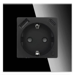 Gniazdko pojedyncze Schuko, 2x USB-C 20W - watomierz - ZigBee - szklana ramka - czarny - Tawoia Glass