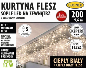 Kurtyna świetlna zewnętrzna FLESZ 200 LED SOPLE z gn. ciepły biały/flesz 9,6m szer. +1,5m, łącz. max 5 kpl. 230V 12W IP44 25-695