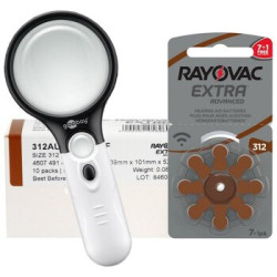 96 x baterie do aparatów słuchowych Rayovac Extra Advanced 312 MF + lupa z podświetleniem LED Goobay 41255