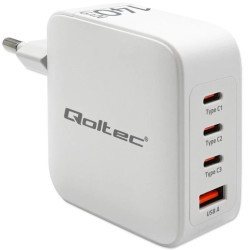 Qoltec Ładowarka sieciowa 140W GaN 5-20V 2.5-5A 3 x USB-C PD 1 x USB QC 3.0 Biała