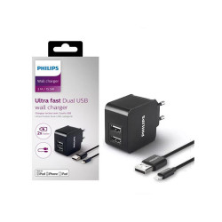 Ładowarka Sieciowa Philips 15,5W Czarna, 2xUSB + Kabel Lightning 1m